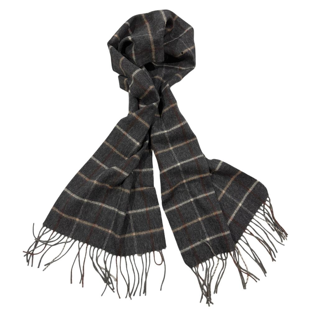 15-98(2) CLUB ROOM 100% Cashmere Plaid Fringe Scarf Light Gray 36"Lx12"W